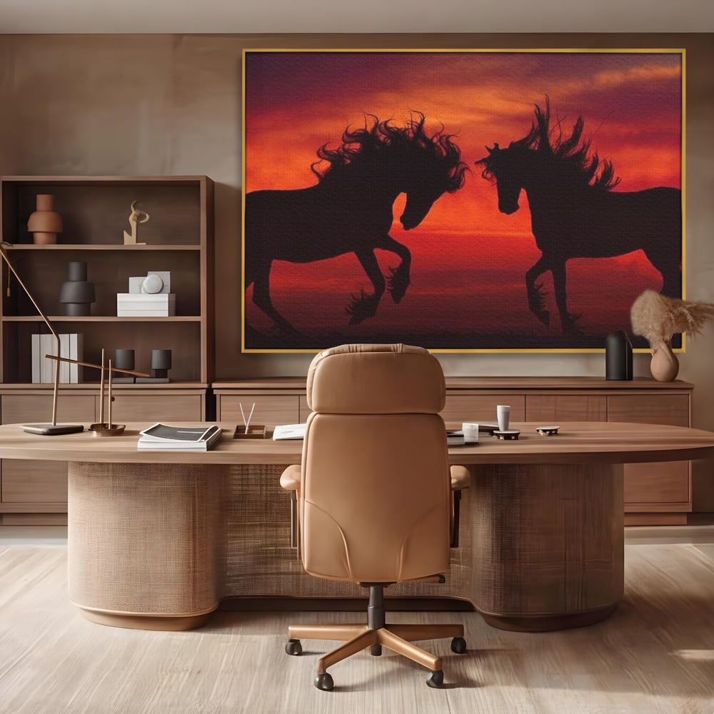 Tablou canvas cu tablou canvas cu siluete de cai in apus, in rama de aluminiu auriu, pe perete intr-un birou